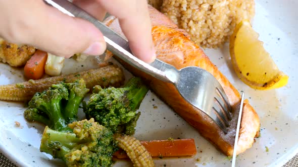 Grilled Salmon Fillet with Mixed Vegetables Lemon and Rice