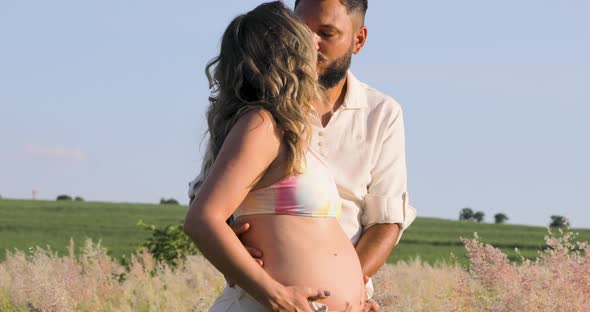 Man holding pregnant wife's belly, beautiful gesture of love. Tilt Shot.