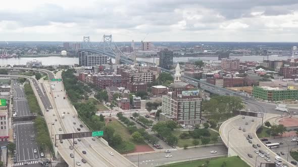 Bird's eye view of Philadelphia highway system looking towards Old City district.