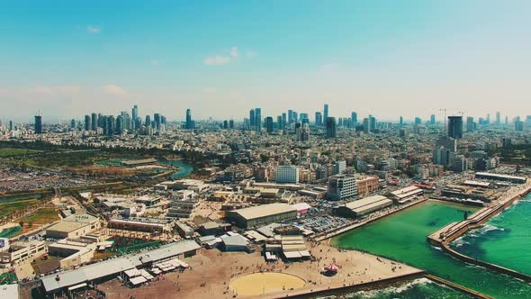 Aerial of the Tel Aviv port, Nahal Hayarkon, Israel.