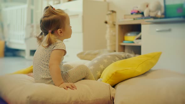 Little Girl Watching Cartoon. Kids Leisure And Entertainment. Infant Baby Watching Television.