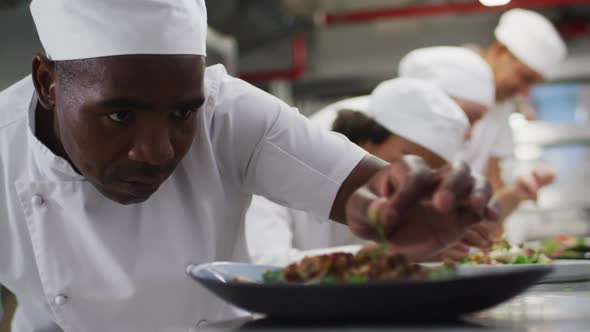 Diverse group of chefs garnishing dishes in restaurant kitchen