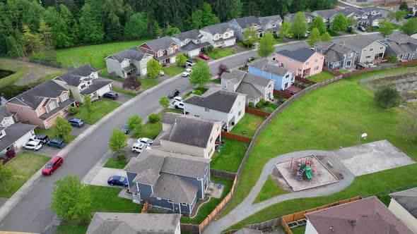 Aerial shot of a suburban neighborhood in America with a private playground.