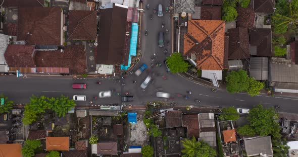 Top Down Overhead Aerial View Timelapse of Busy Rush Hour Traffic at the Intersection in Canggu Bali