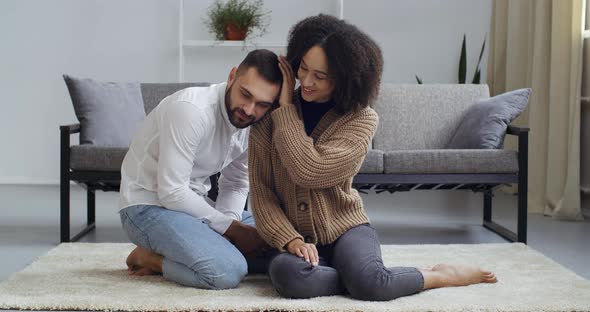 Young Afro American Black Mixed Race Woman Wife Supports White Caucasian Man Sad Guy Upset Boyfriend