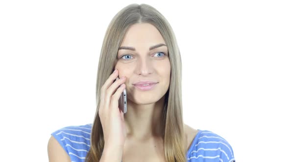 Positive Woman Talking On Smartphone, White Background