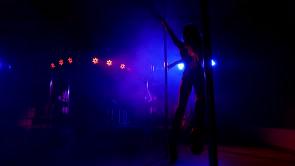 Sexy Woman with Long Flowing Hair Spinning Around a Pole in a Dark Room