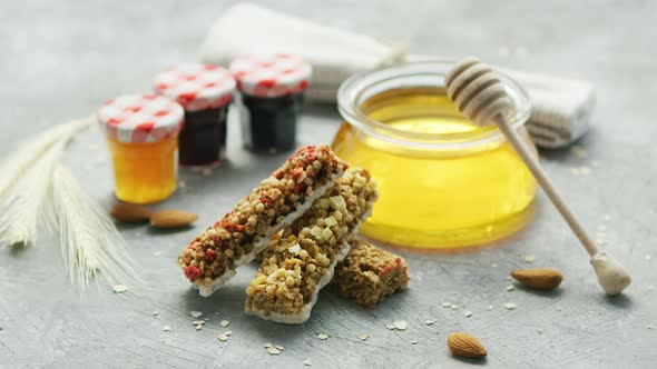 Cereal Bars and Honey in Arrangement