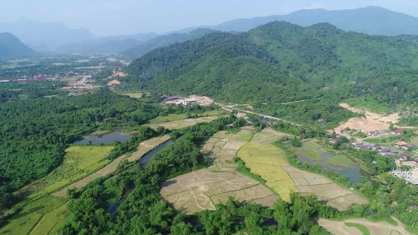 Landscape around the city of Vang Vieng in Laos seen from the sky