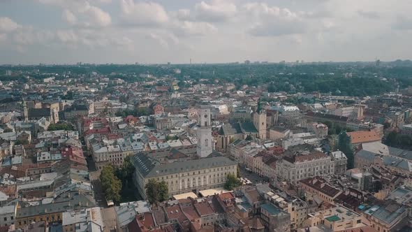 Aerial Drone Footage of European City Lviv, Ukraine, Flight Above Popular Ancient Part of Old Town