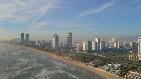 Aerial Slowmotion Shot of the Coastal Part of the City of Danang in Central Vietnam