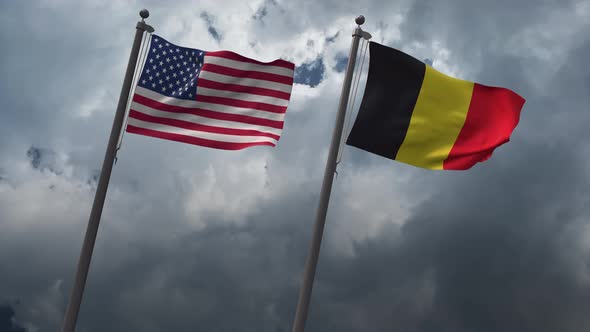 Waving Flags Of The United States And The Belgium 4K