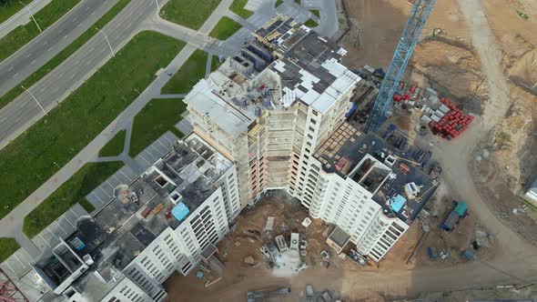 Aerial Photography Of The Construction Site. Construction Of Modern Multi Storey Buildings.