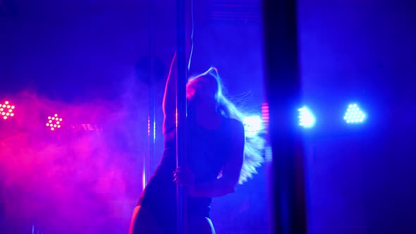 Young Hot Woman with Long Flowing Hair Performs Sensual Pole Dance Slow Motion