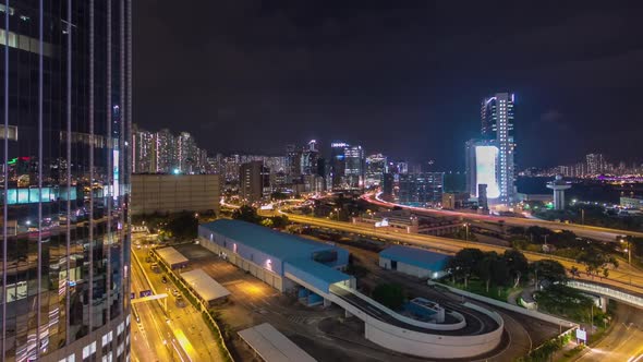 Aerial View of Busy Traffic Night in Finance Urban Timelapse Hyperlapse with Panorama of City