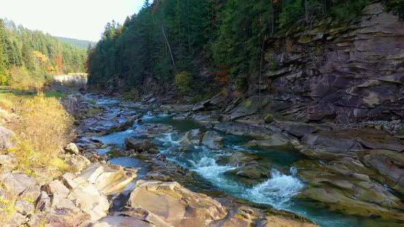 Mountain River Flowing Between Rocky Shores in Carpathians Mountains, Ukraine