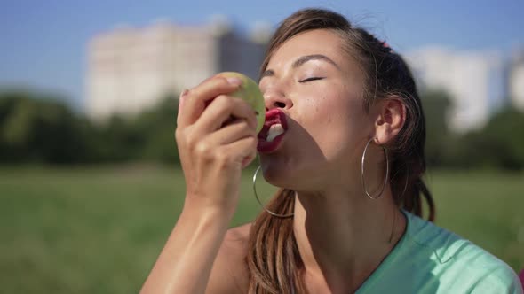 Closeup Young Slim Retro Woman Enjoying Taste of Vitamin Healthful Apple in Slow Motion Smiling