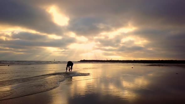 Man running on colorful beach to jump on skimboard