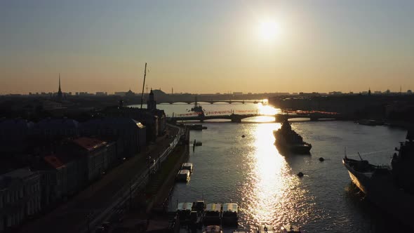 Aerial Morning Urban Landscape with Warships in the Waters of the Neva River Before the Holiday of