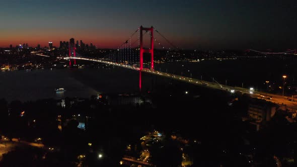 4k aerial view of Bosporus Bridge in Istanbul at night, 15 tammuz bridge