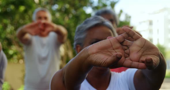 Senior friends doing stretching exercise in garden 4k