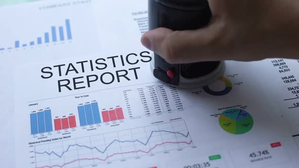 Statistics Report Approved, Hand Stamping Seal on Official Document, Statistics