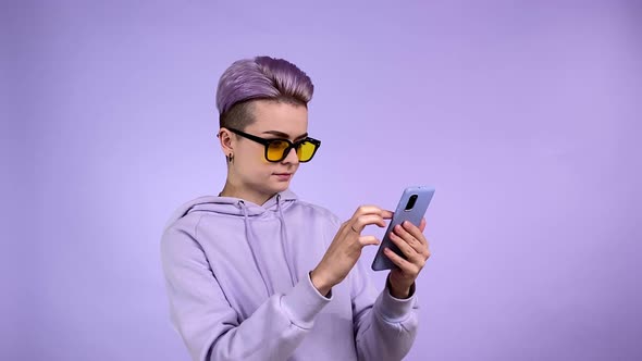 Woman in Sunglasses Scrolling Text Social Media Browsing Internet