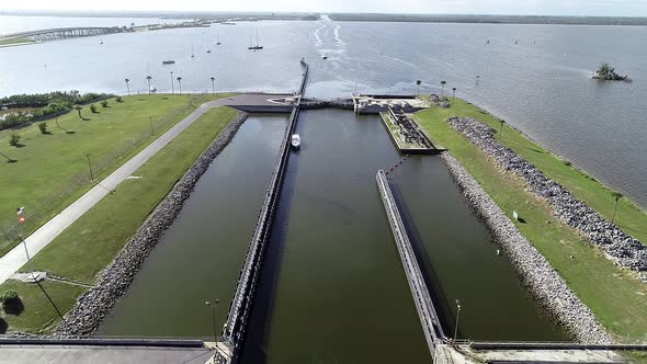 A Boat Awaits Entrance Into the Canaveral Locks in Cape Canaveral, Florida.