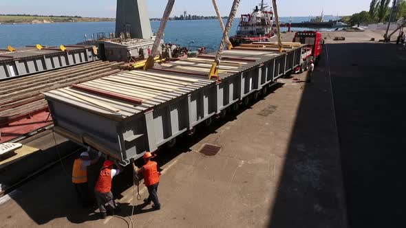 Ukraine  May 2016 Aerial View of Oversized Cargo Reloading From Ship to Truck