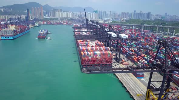 Top view of industrial port with container