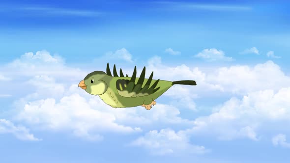 Small green forest bird flying in the sky