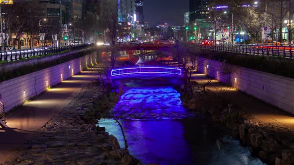 Aerial Korea Illuminated Seoul Cheonggyecheon