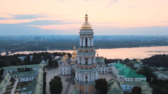 Kyiv-Pechersk Lavra in the Morning at Sunrise, Ukraine, Aerial View