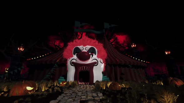 Halloween visual of spooky circus entrance inside a clown's mouth