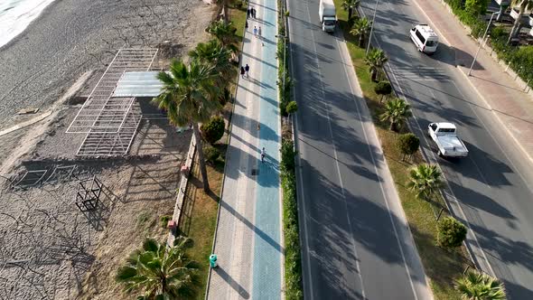 Traffic on the Beach aerial view 4 K Turkey Alanya