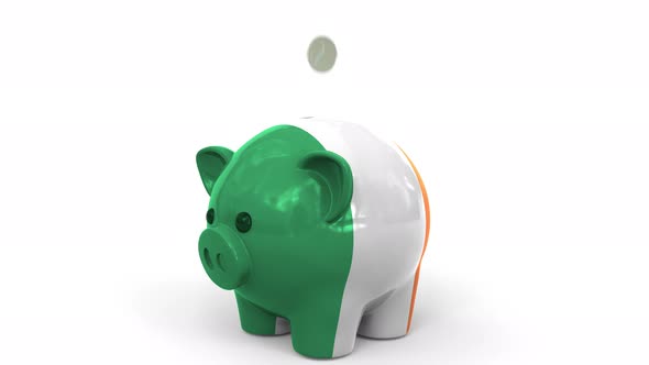 Coins Fall Into Piggy Bank Painted with Flag of the Republic of Ireland alt
