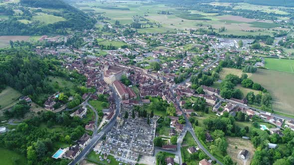 Village of Saint-Cyprien in Perigord in France seen from the sky