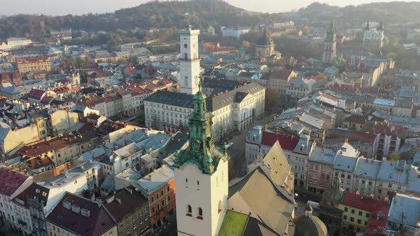 Aerial Video of Saint Maria Church in Central Part of Old City of Lviv, Ukraine