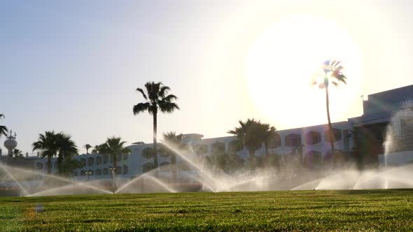 Beautiful Tropical Landscape: Sprinkler Irrigation System Watering Lawns.