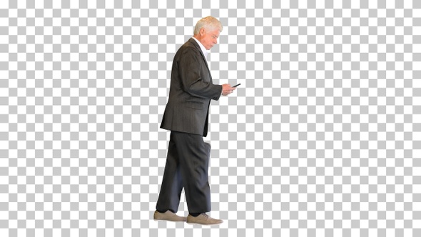 Old elder senior man walking and texting, Alpha Channel