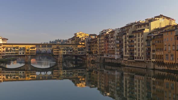 Florence, Italy. Morning Panoramic View of Ponte Vecchio Bridge and the Arno River