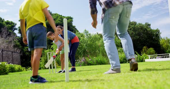 Family playing cricket in park