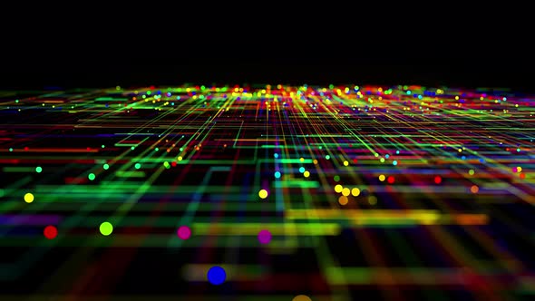 Sci-fi Bg of Glow Multicolor Particles Form Lines Like Electrical Circuit or Microcircuit