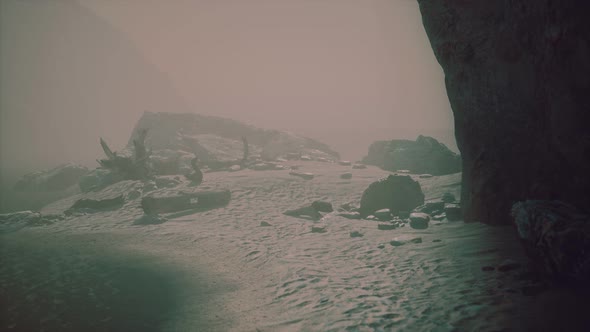 Rocky Cliff with Sand Beach in Deep Fog
