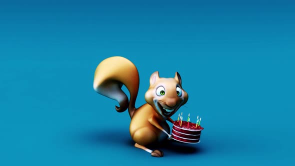 4K fun 3D cartoon squirrel with a cake