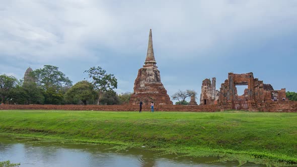 Time-lapse of Ruins of Wat Mahathat temple in Ayutthaya historical park, Thailand