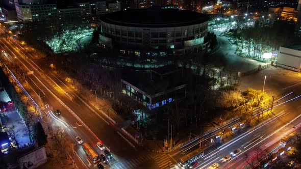 Beijing Night Aerial Cityscape with Road Traffic China Zoom Out