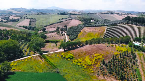 Aerial view of hills and agricultural fields in Marche region, Italy