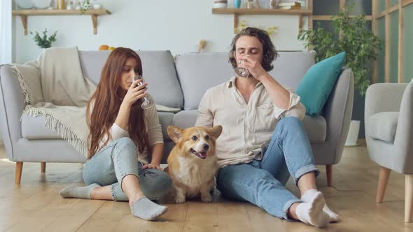 Happy Young Married Couple Sitting on the Floor Near a Couch and Clinking Glasses With Wine