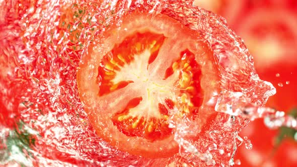 Super Slow Motion Shot of Splashing Water on Rotating Tomato Slice at 1000Fps